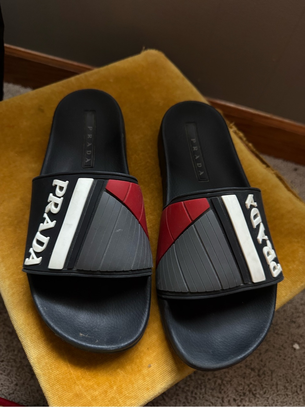 Prada Black Slides with Red, Gray & White Strap Accents